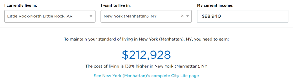 cost of living comparison for Little Rock, Arkansas and Manhattan, New York